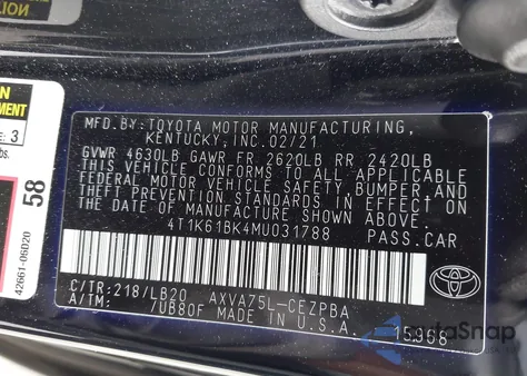 2021 Toyota Camry Xse из США, поврежденный, VIN 4T1K61BK4MU031788